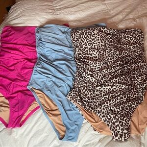 J. Crew Set of 3 Ruched Strapless 1 Piece Swimsuits: pink, blue and Leopard